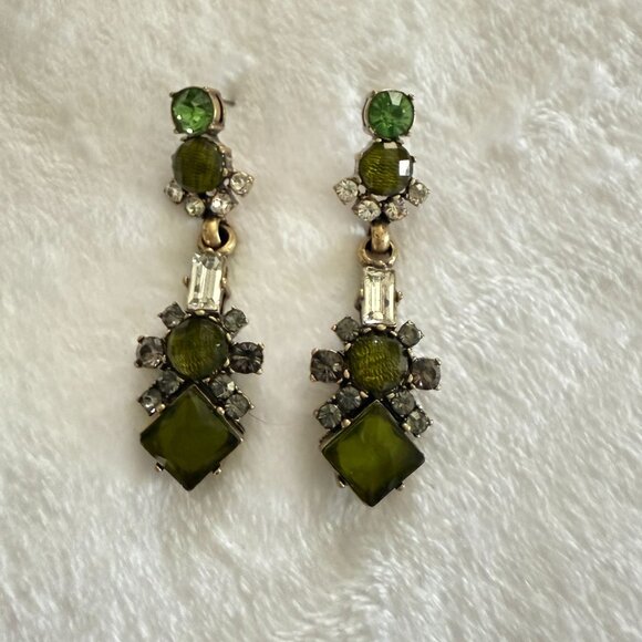 J.Crew Statement Drop Earrings Various Green Crystal Accents Stunning Statement - Picture 9 of 9